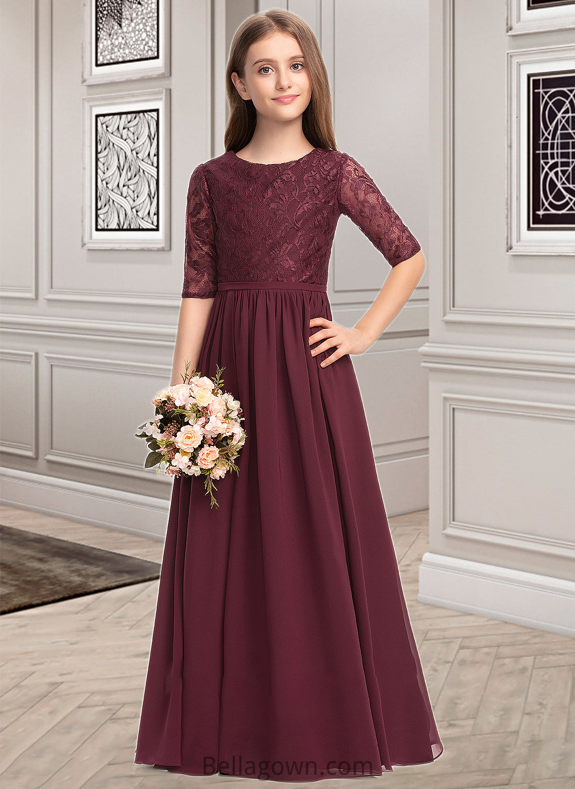 Isabelle A-Line Scoop Neck Floor-Length Chiffon Lace Junior Bridesmaid Dress DNP0013336