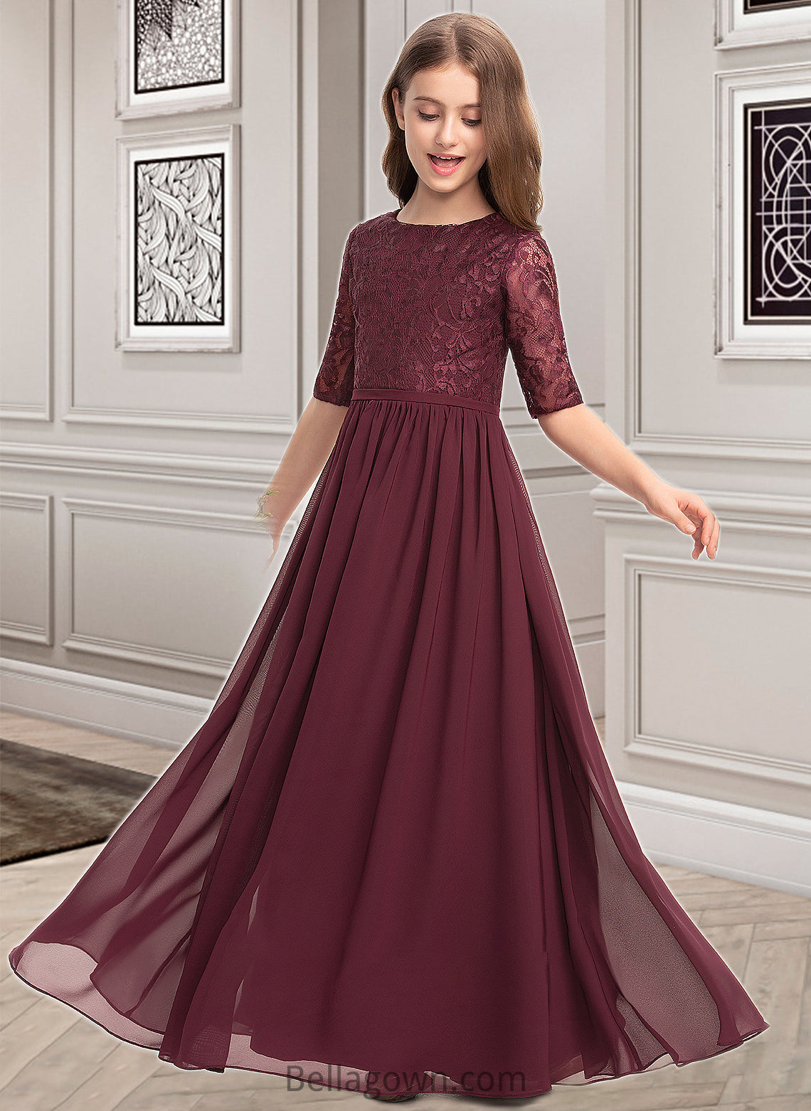 Isabelle A-Line Scoop Neck Floor-Length Chiffon Lace Junior Bridesmaid Dress DNP0013336