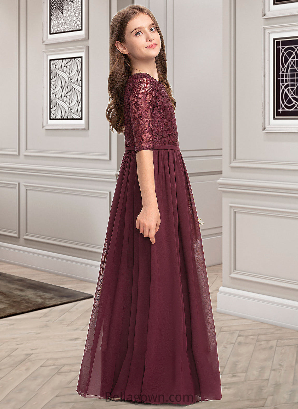 Isabelle A-Line Scoop Neck Floor-Length Chiffon Lace Junior Bridesmaid Dress DNP0013336