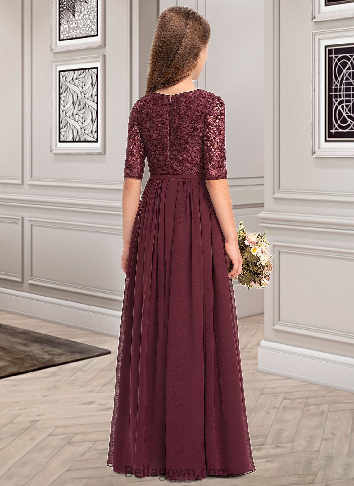 Isabelle A-Line Scoop Neck Floor-Length Chiffon Lace Junior Bridesmaid Dress DNP0013336