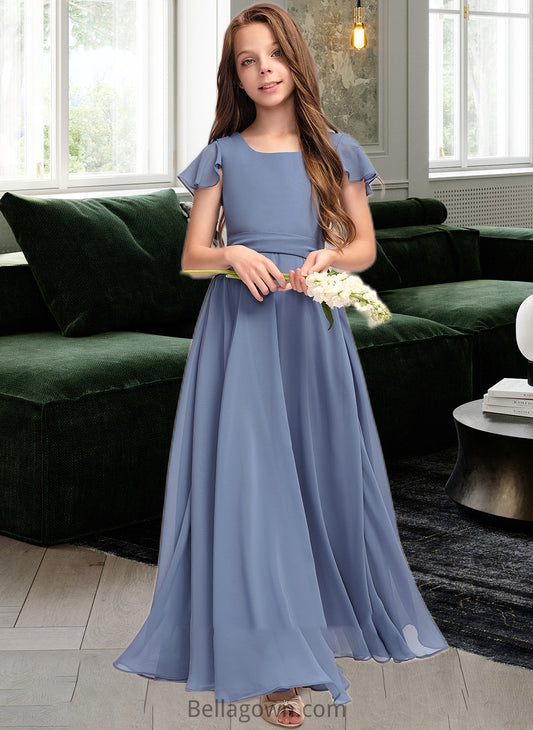 Jaelyn A-Line Scoop Neck Floor-Length Chiffon Junior Bridesmaid Dress With Bow(s) DNP0013337