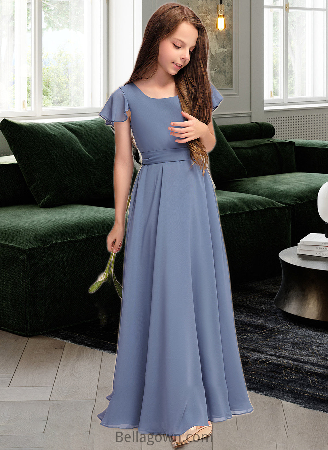 Jaelyn A-Line Scoop Neck Floor-Length Chiffon Junior Bridesmaid Dress With Bow(s) DNP0013337