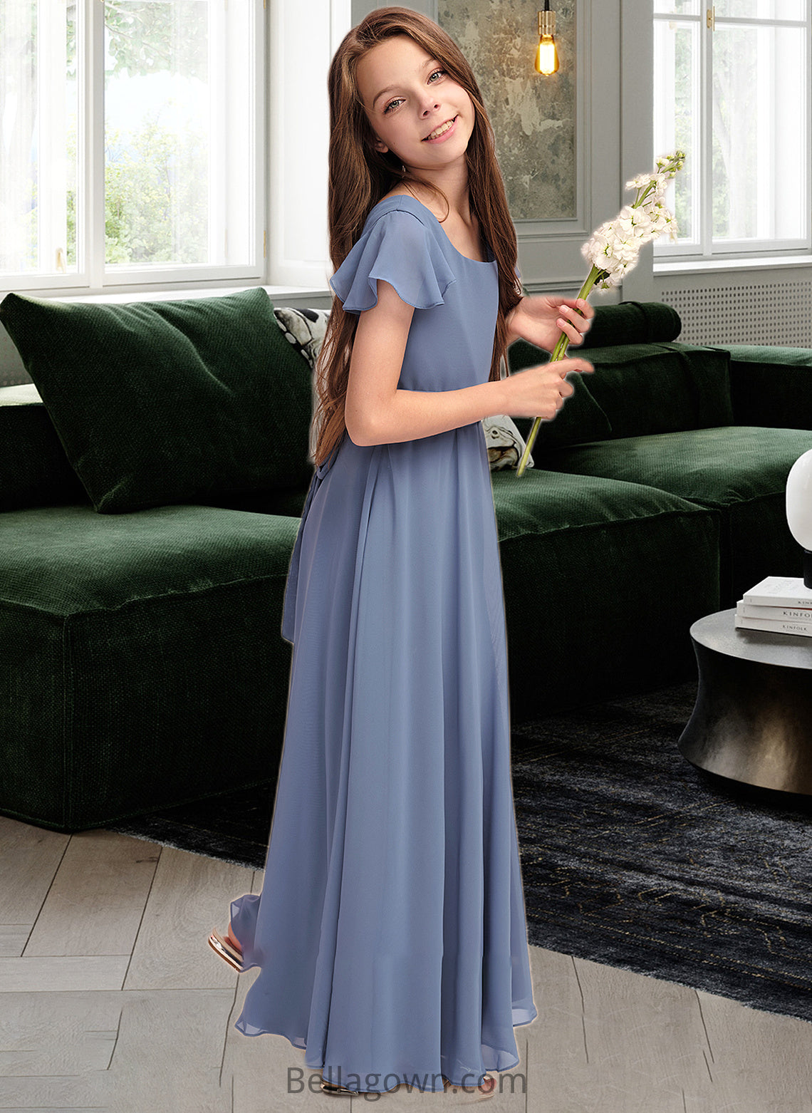 Jaelyn A-Line Scoop Neck Floor-Length Chiffon Junior Bridesmaid Dress With Bow(s) DNP0013337