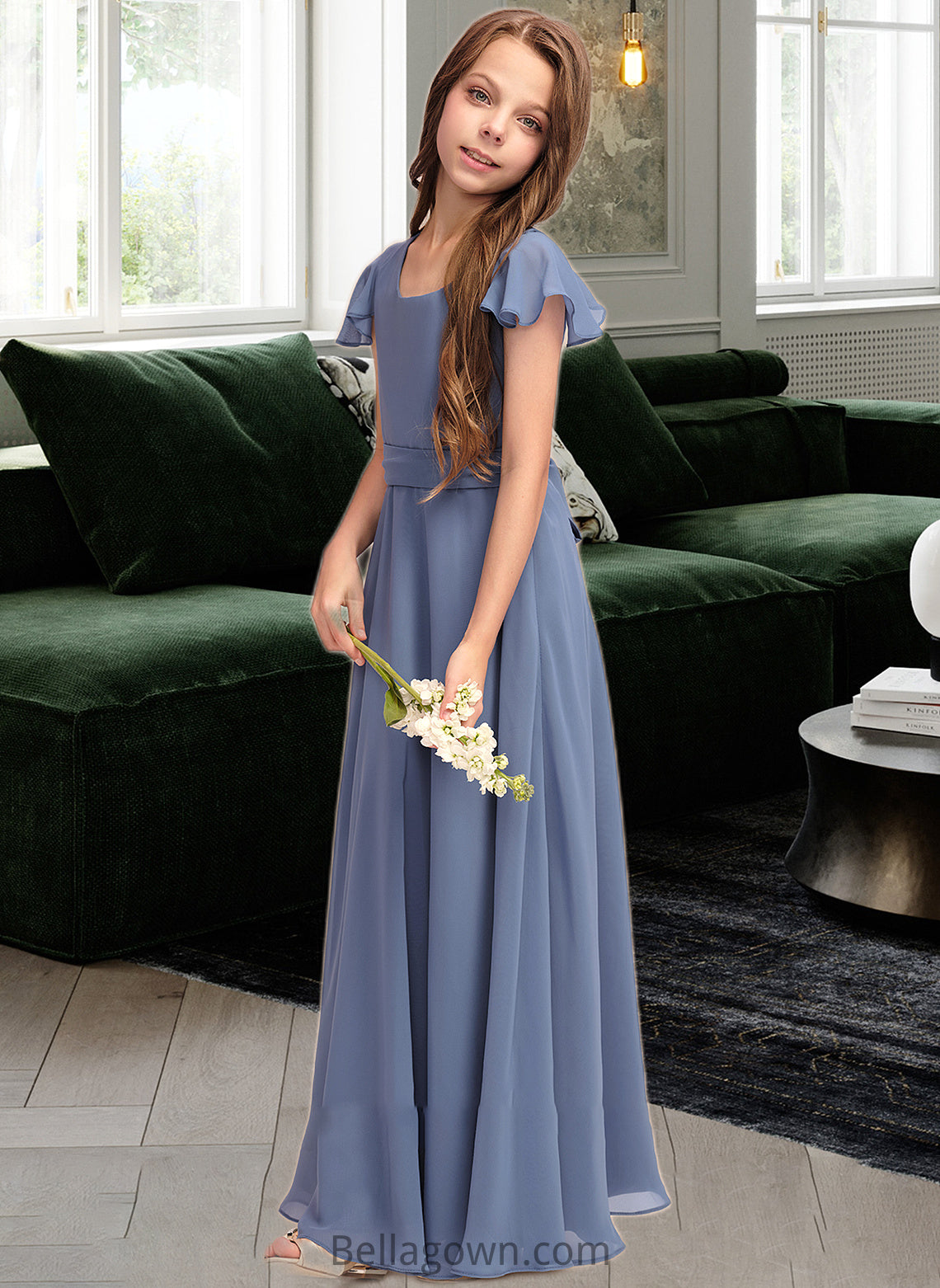 Jaelyn A-Line Scoop Neck Floor-Length Chiffon Junior Bridesmaid Dress With Bow(s) DNP0013337