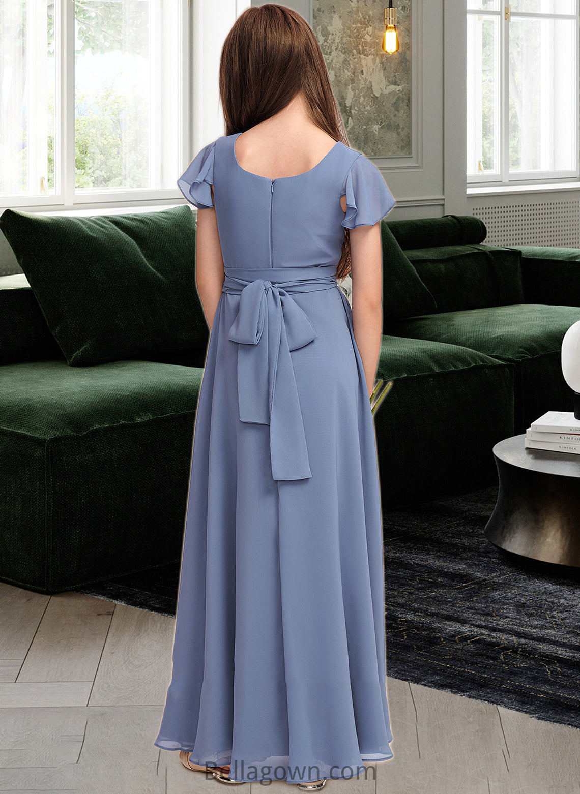 Jaelyn A-Line Scoop Neck Floor-Length Chiffon Junior Bridesmaid Dress With Bow(s) DNP0013337