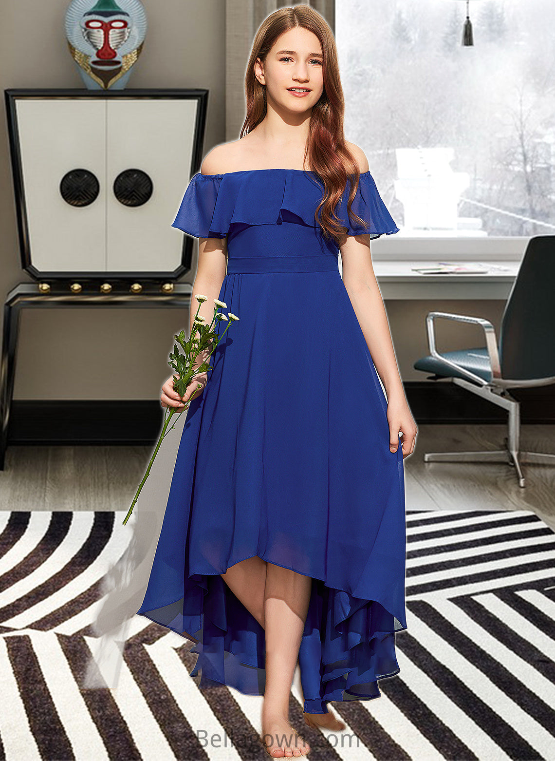 Amya A-Line Off-the-Shoulder Asymmetrical Chiffon Junior Bridesmaid Dress With Cascading Ruffles DNP0013338