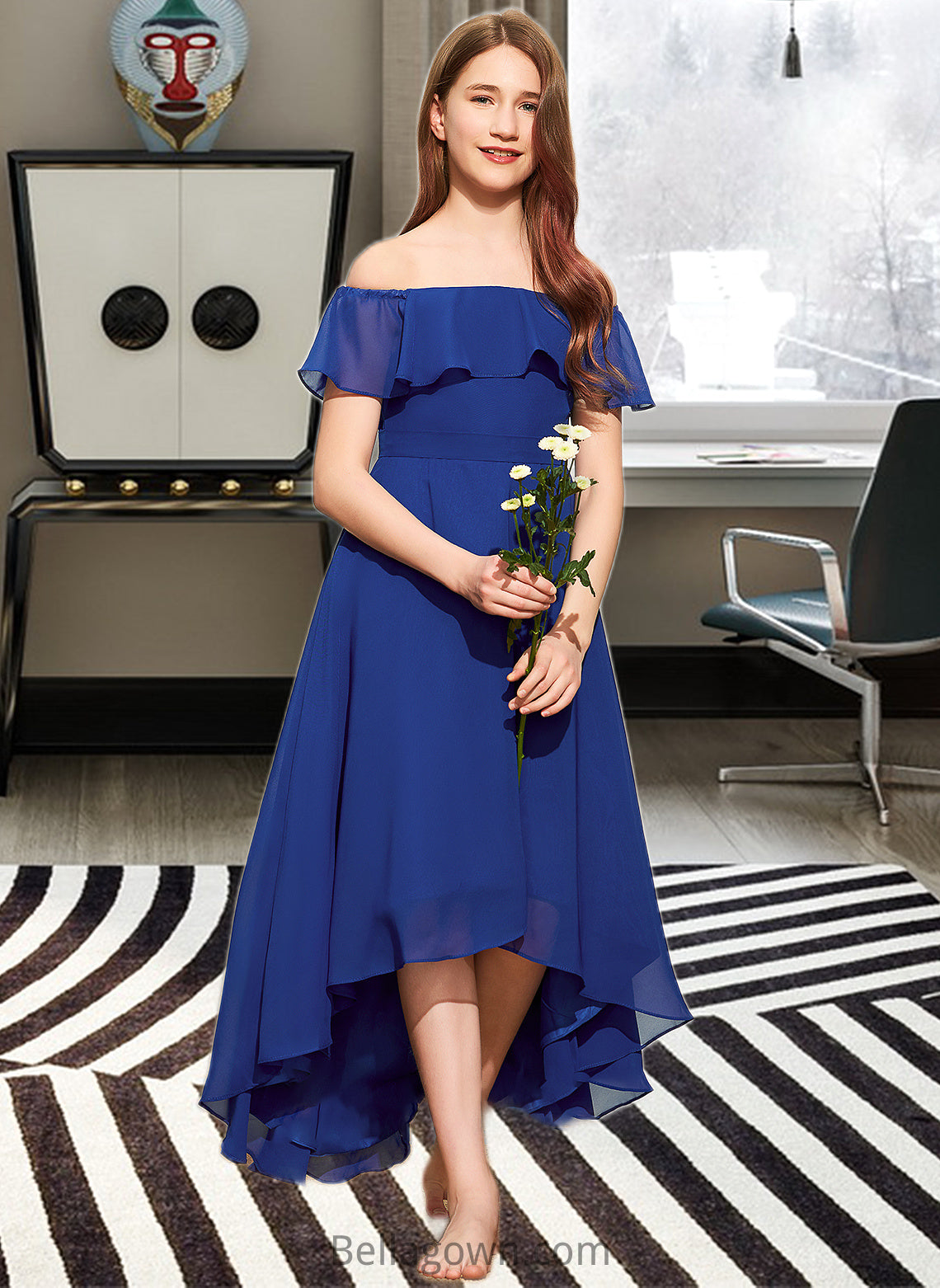 Amya A-Line Off-the-Shoulder Asymmetrical Chiffon Junior Bridesmaid Dress With Cascading Ruffles DNP0013338