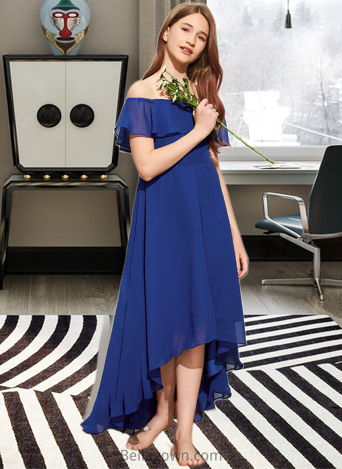 Amya A-Line Off-the-Shoulder Asymmetrical Chiffon Junior Bridesmaid Dress With Cascading Ruffles DNP0013338