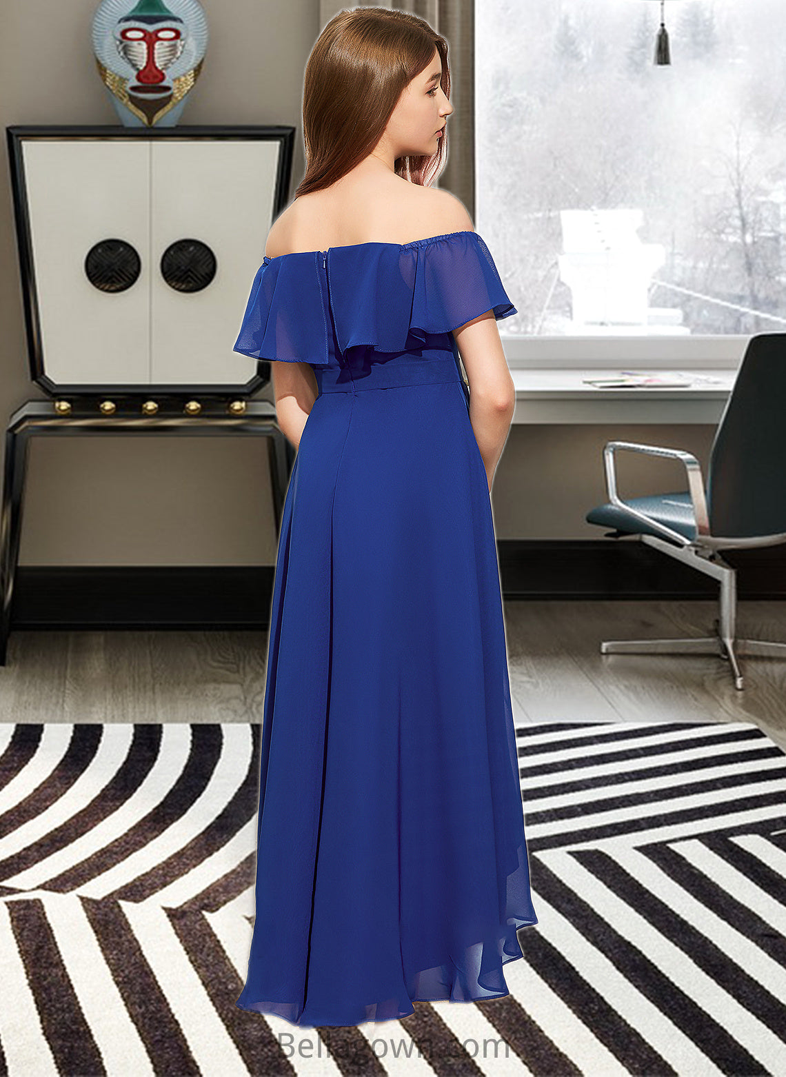 Amya A-Line Off-the-Shoulder Asymmetrical Chiffon Junior Bridesmaid Dress With Cascading Ruffles DNP0013338