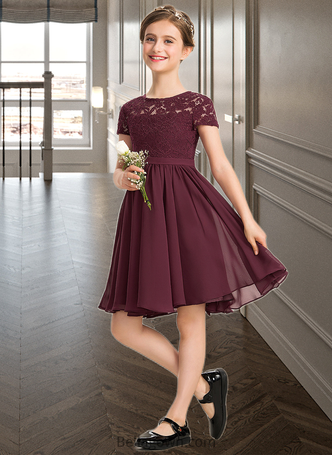 Marcia A-Line Scoop Neck Knee-Length Chiffon Lace Junior Bridesmaid Dress With Bow(s) DNP0013339