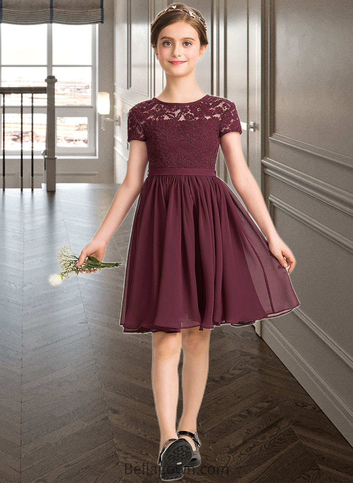 Marcia A-Line Scoop Neck Knee-Length Chiffon Lace Junior Bridesmaid Dress With Bow(s) DNP0013339