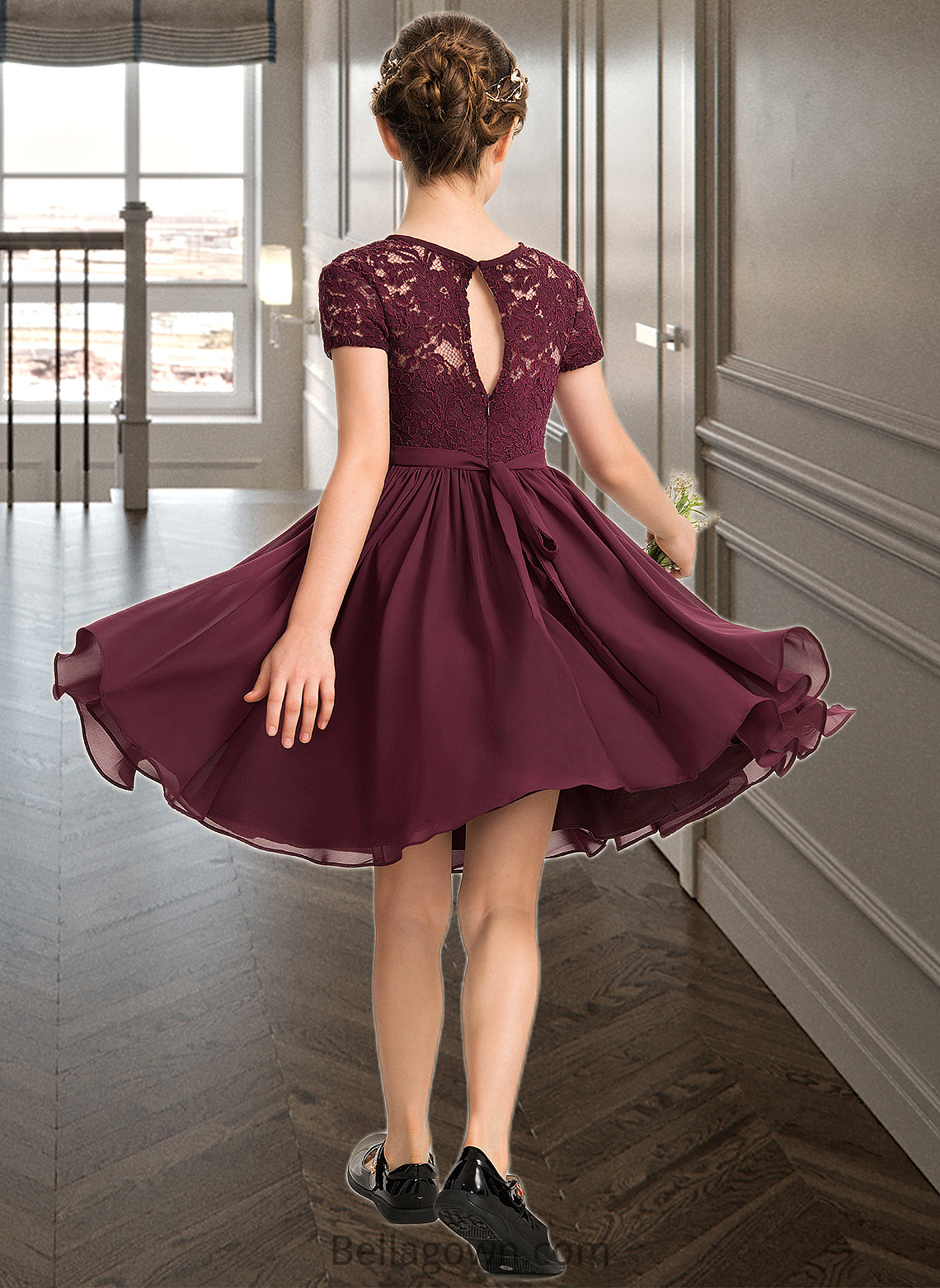 Marcia A-Line Scoop Neck Knee-Length Chiffon Lace Junior Bridesmaid Dress With Bow(s) DNP0013339