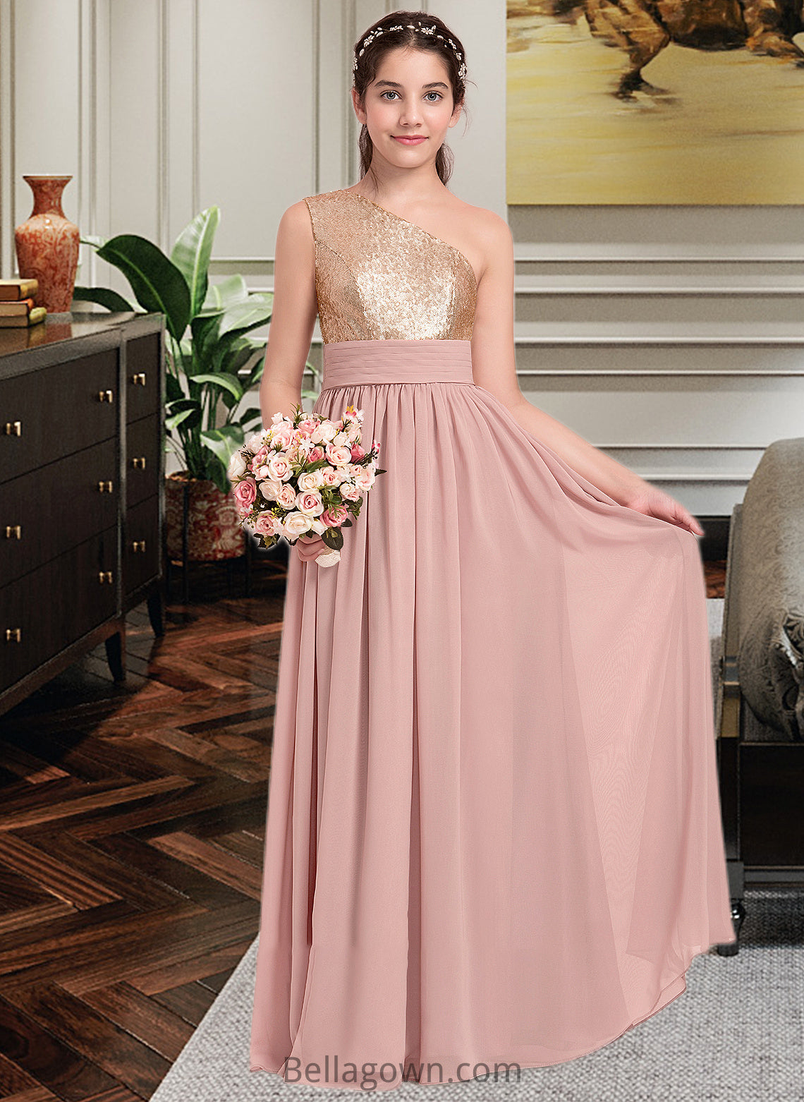 Rylie A-Line One-Shoulder Floor-Length Chiffon Junior Bridesmaid Dress With Ruffle DNP0013340