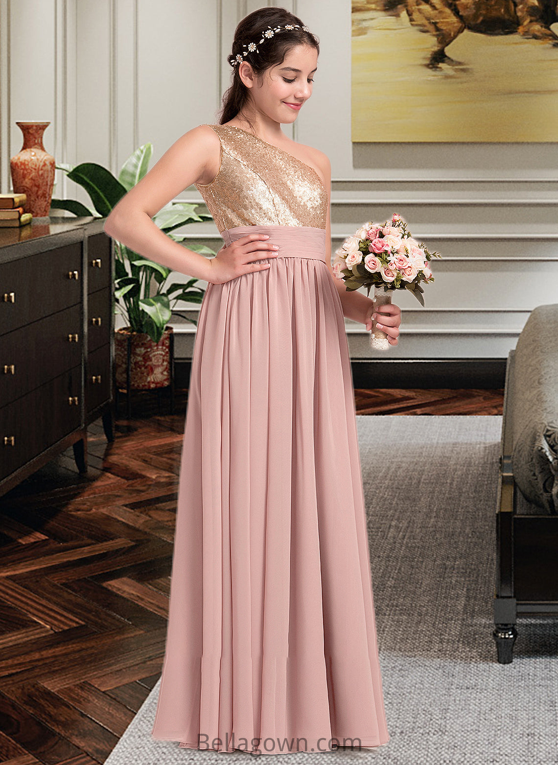 Rylie A-Line One-Shoulder Floor-Length Chiffon Junior Bridesmaid Dress With Ruffle DNP0013340