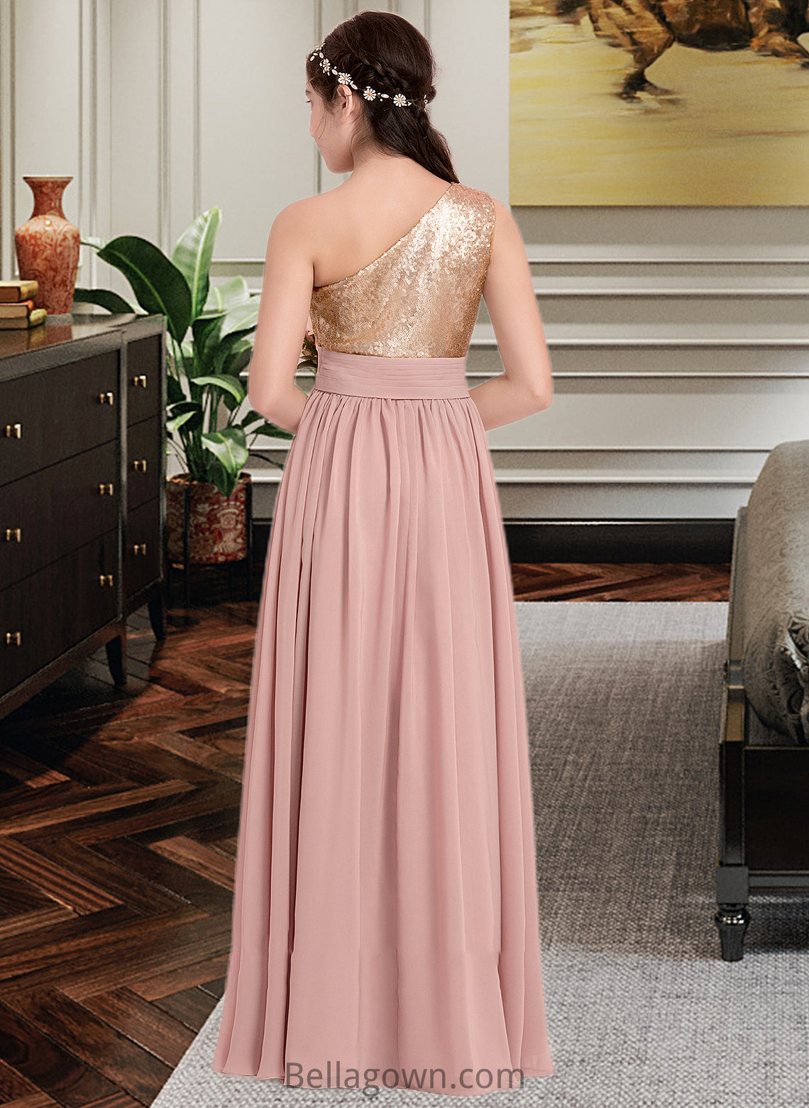 Rylie A-Line One-Shoulder Floor-Length Chiffon Junior Bridesmaid Dress With Ruffle DNP0013340