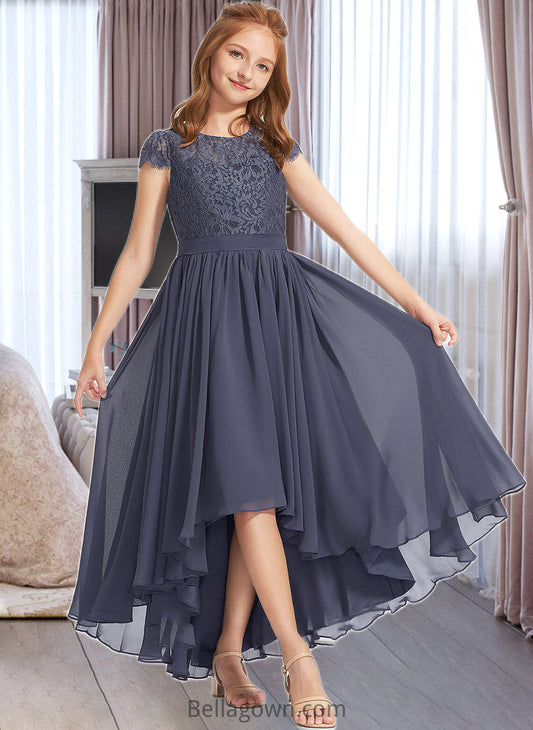 Skyler A-Line Scoop Neck Asymmetrical Chiffon Lace Junior Bridesmaid Dress DNP0013341