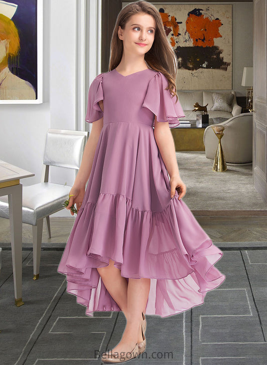 Kiersten A-Line V-neck Asymmetrical Chiffon Junior Bridesmaid Dress With Cascading Ruffles DNP0013342