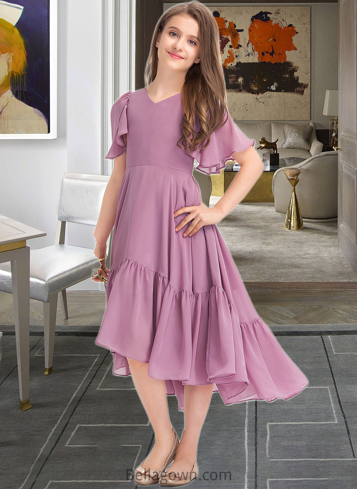 Kiersten A-Line V-neck Asymmetrical Chiffon Junior Bridesmaid Dress With Cascading Ruffles DNP0013342