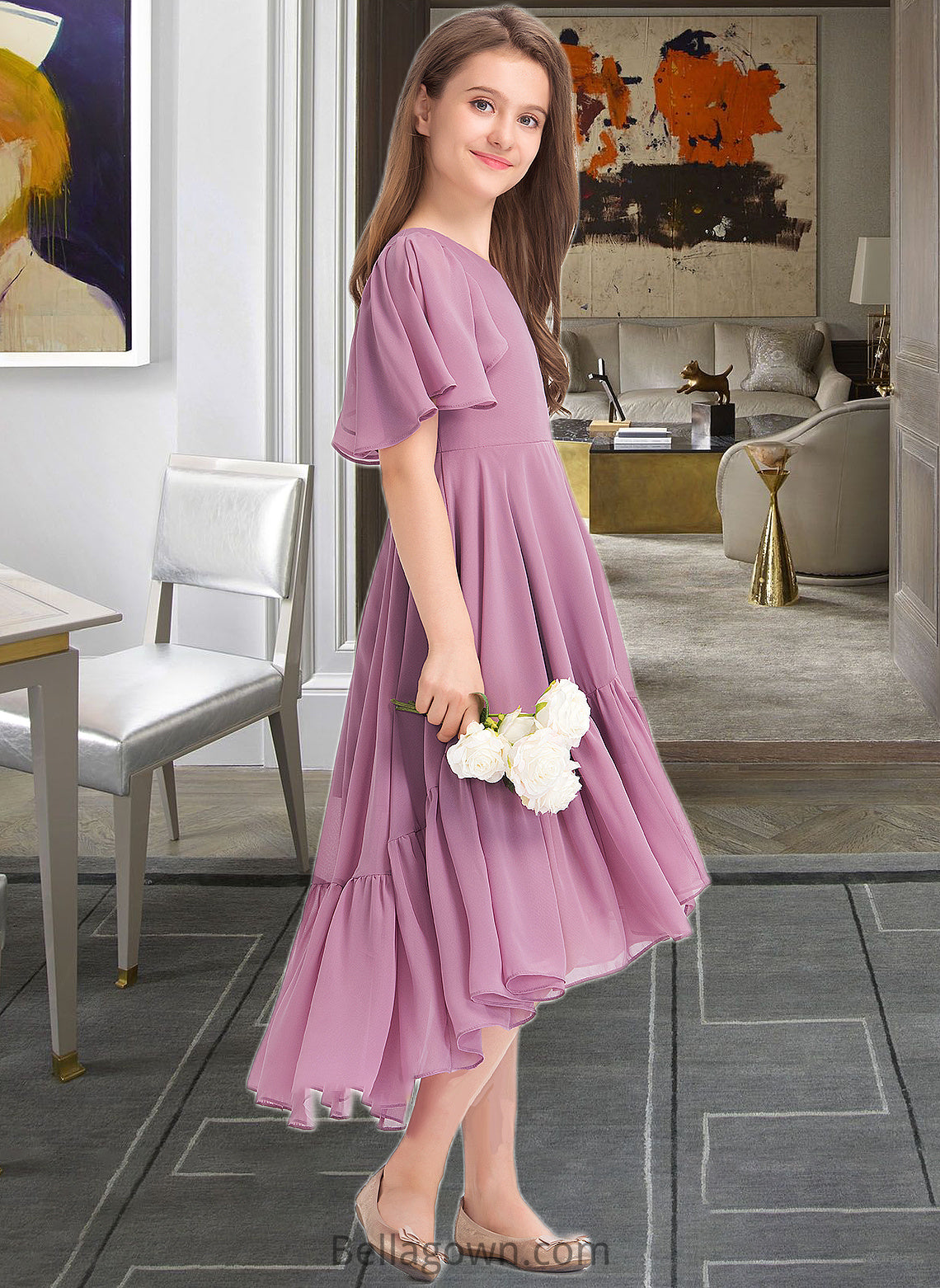 Kiersten A-Line V-neck Asymmetrical Chiffon Junior Bridesmaid Dress With Cascading Ruffles DNP0013342