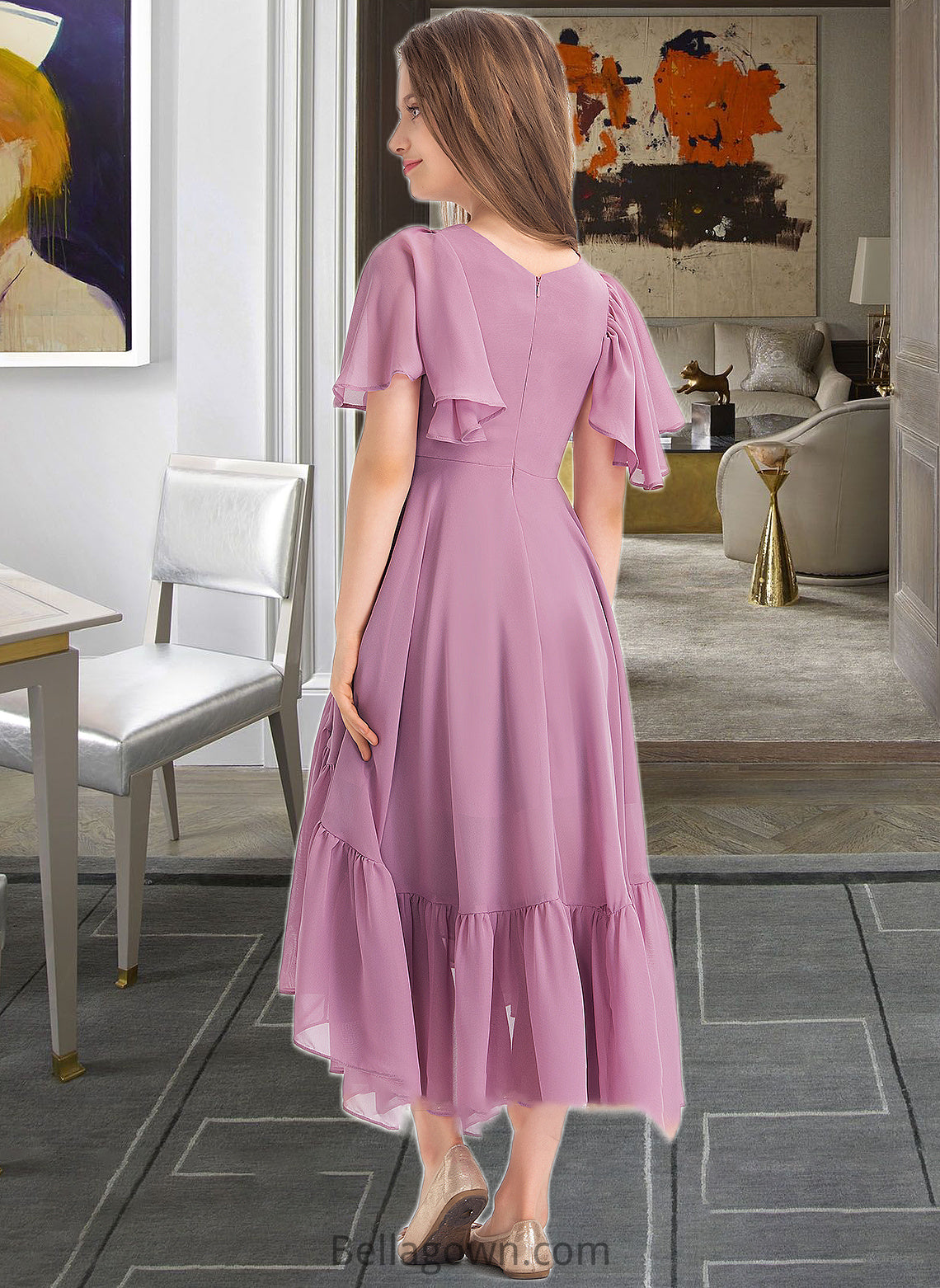 Kiersten A-Line V-neck Asymmetrical Chiffon Junior Bridesmaid Dress With Cascading Ruffles DNP0013342