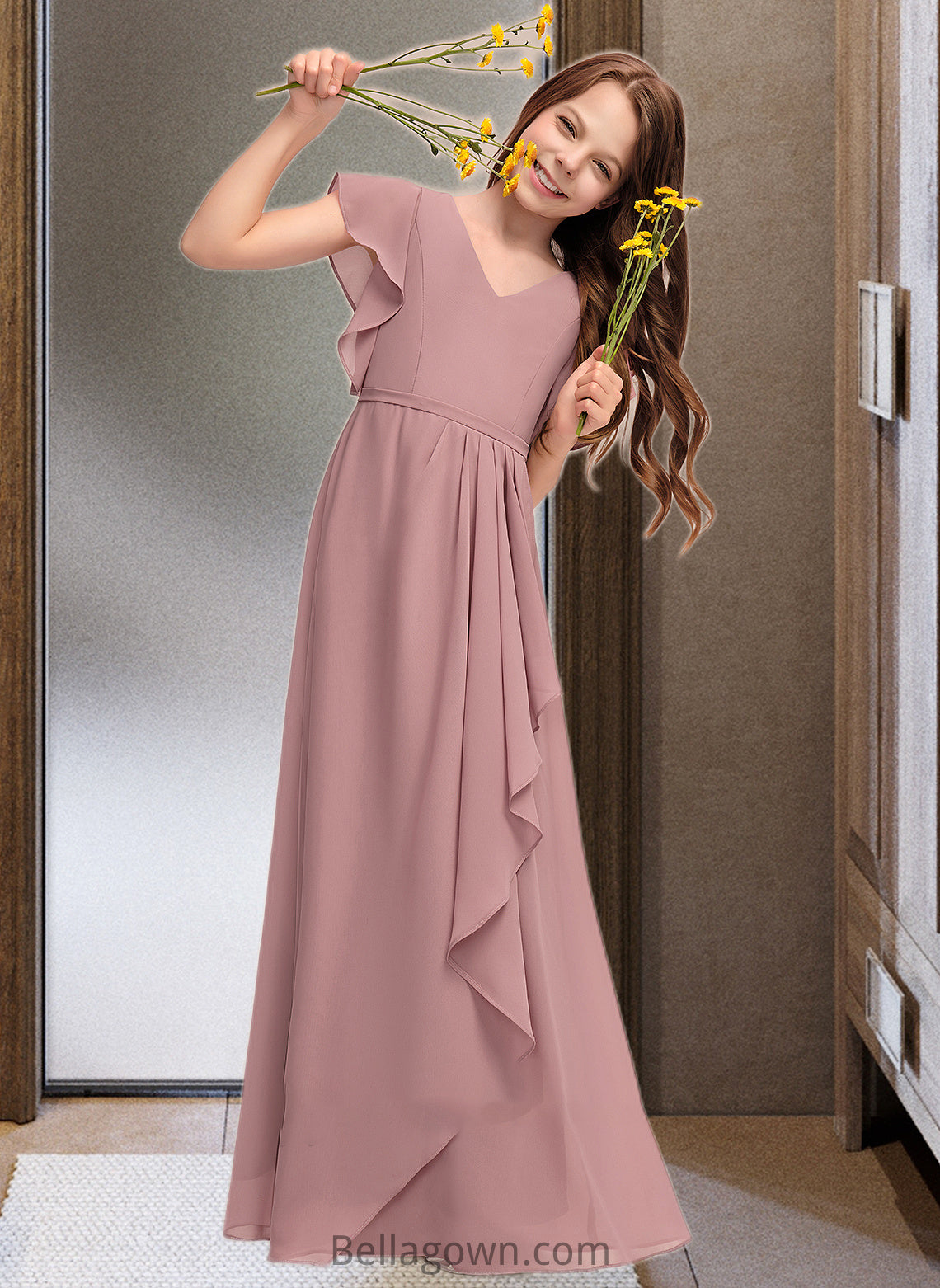 Londyn A-Line V-neck Floor-Length Chiffon Junior Bridesmaid Dress With Cascading Ruffles DNP0013343