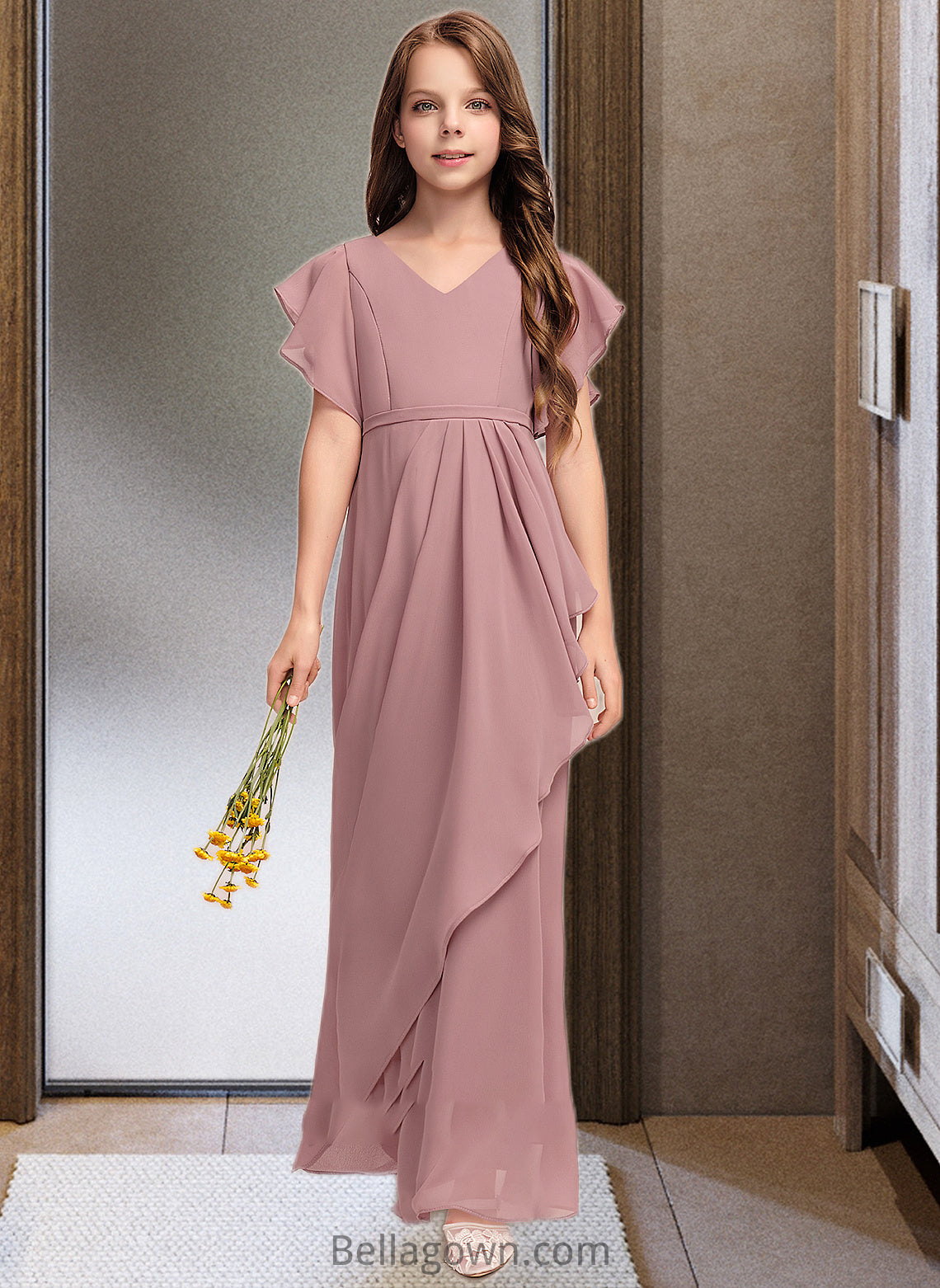 Londyn A-Line V-neck Floor-Length Chiffon Junior Bridesmaid Dress With Cascading Ruffles DNP0013343