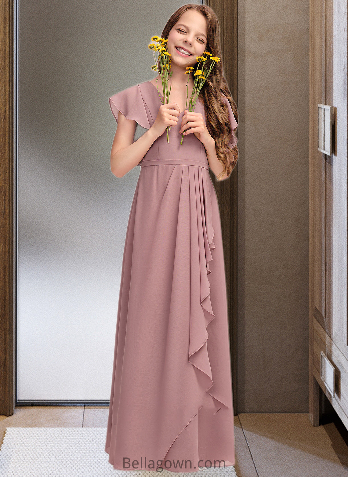 Londyn A-Line V-neck Floor-Length Chiffon Junior Bridesmaid Dress With Cascading Ruffles DNP0013343