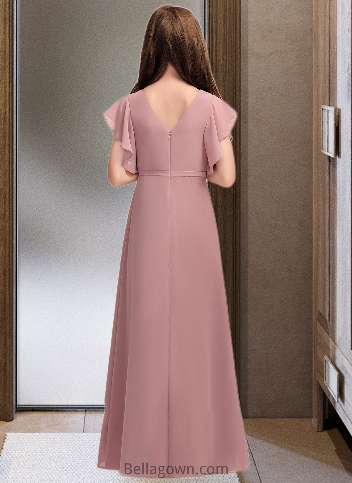 Londyn A-Line V-neck Floor-Length Chiffon Junior Bridesmaid Dress With Cascading Ruffles DNP0013343