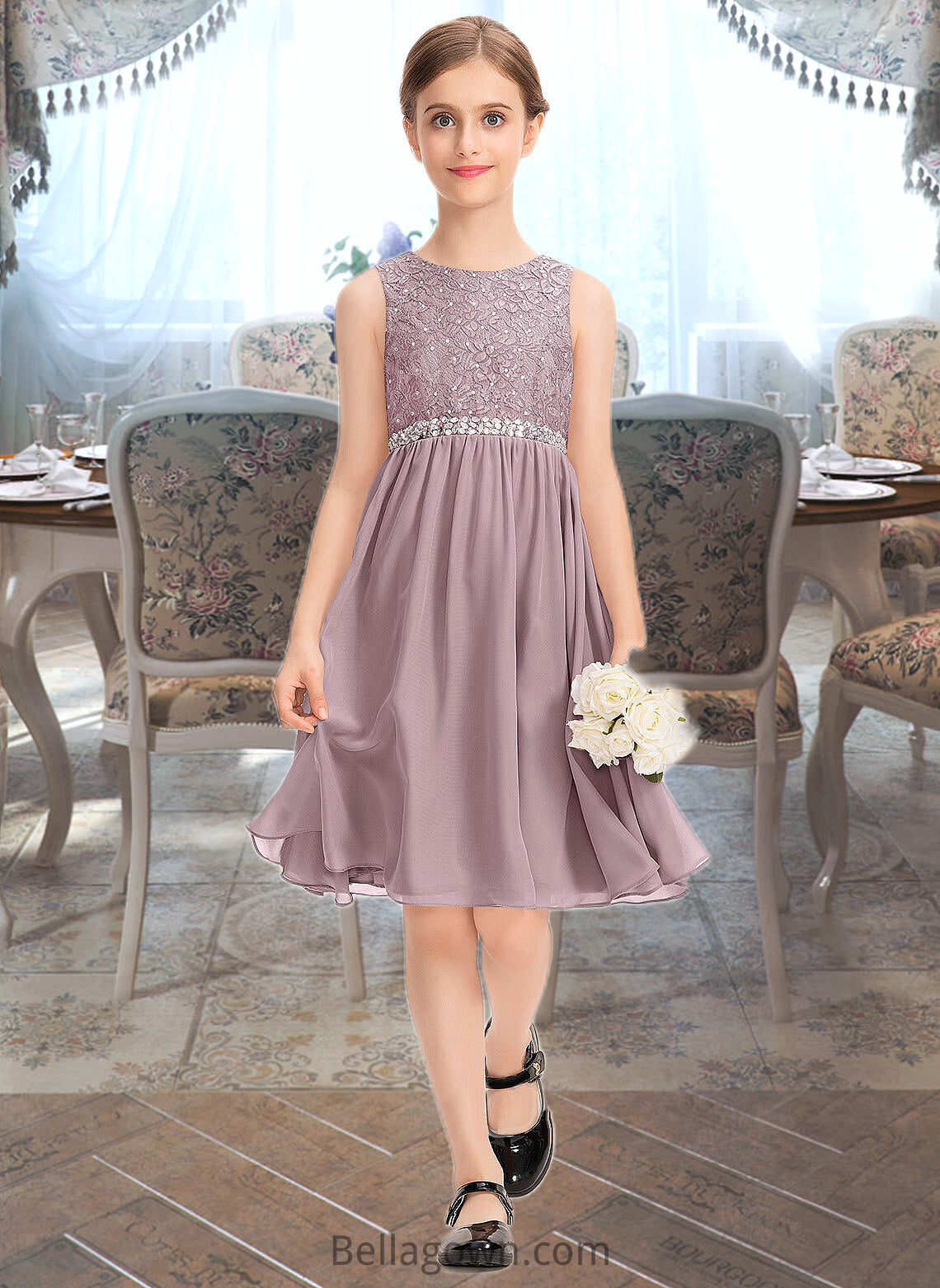 Mavis A-Line Scoop Neck Knee-Length Chiffon Lace Junior Bridesmaid Dress With Beading Bow(s) DNP0013344