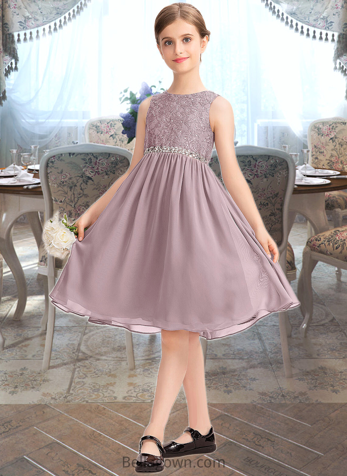 Mavis A-Line Scoop Neck Knee-Length Chiffon Lace Junior Bridesmaid Dress With Beading Bow(s) DNP0013344