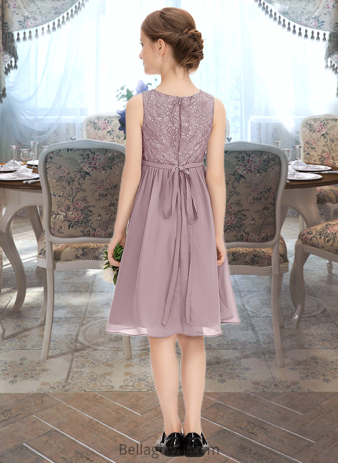 Mavis A-Line Scoop Neck Knee-Length Chiffon Lace Junior Bridesmaid Dress With Beading Bow(s) DNP0013344