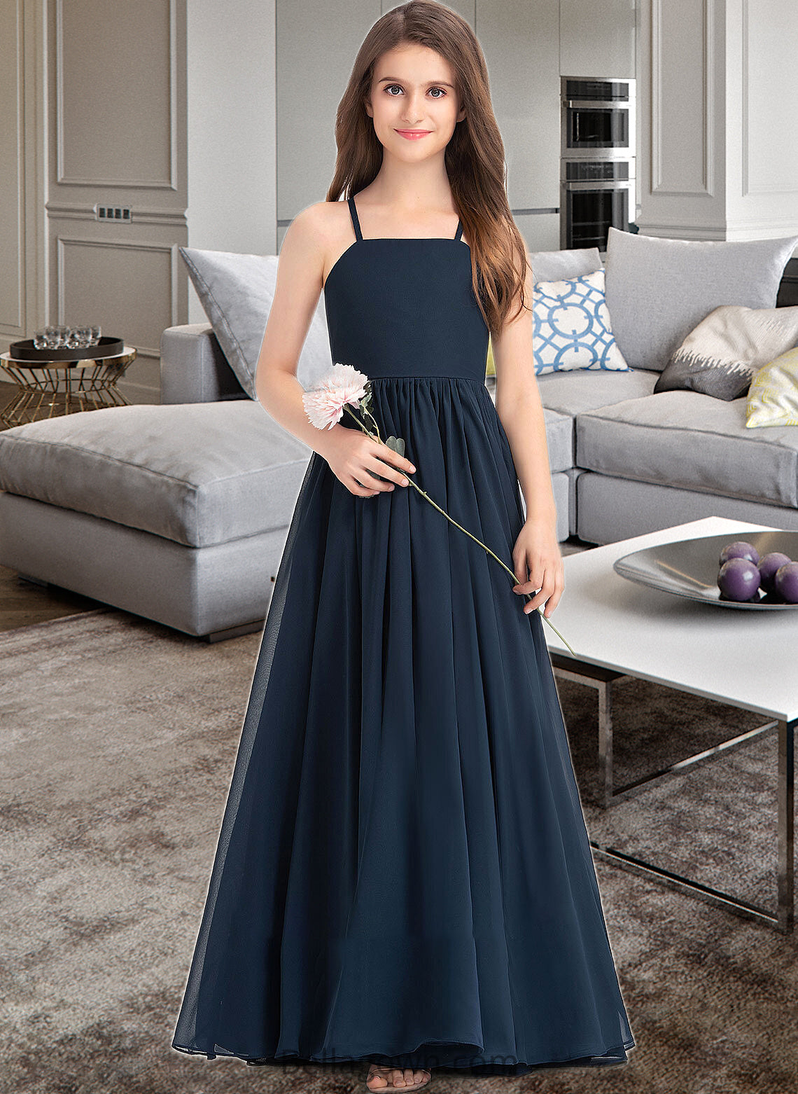 Joanna A-Line Square Neckline Floor-Length Chiffon Junior Bridesmaid Dress With Bow(s) DNP0013345