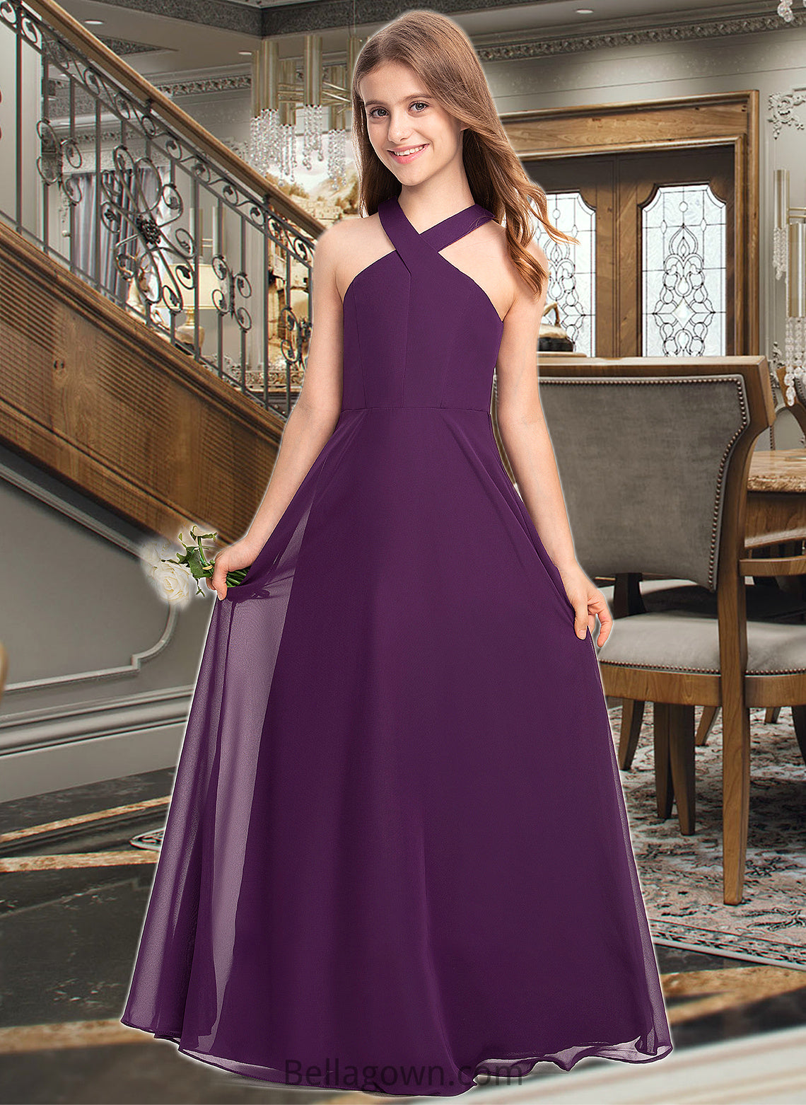 Giana A-Line V-neck Floor-Length Chiffon Junior Bridesmaid Dress DNP0013346