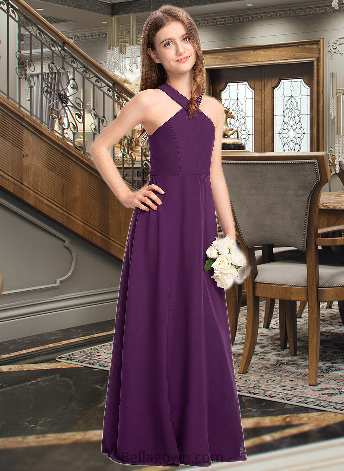 Giana A-Line V-neck Floor-Length Chiffon Junior Bridesmaid Dress DNP0013346