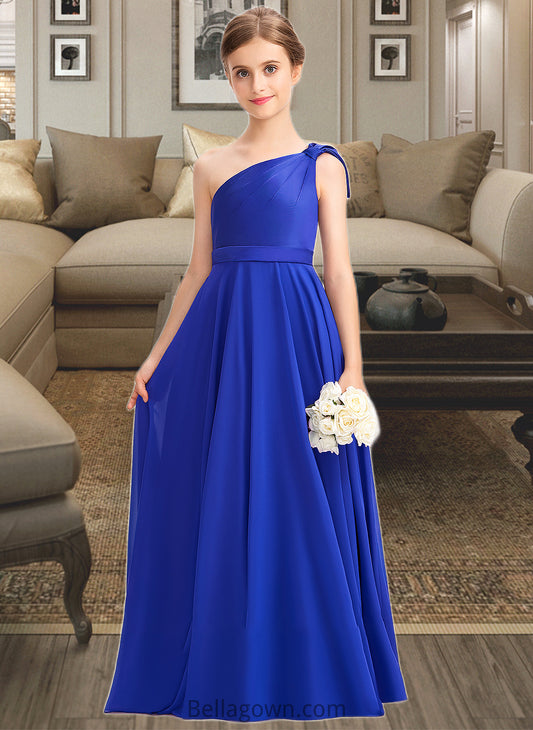 Liberty A-Line One-Shoulder Floor-Length Chiffon Charmeuse Junior Bridesmaid Dress With Ruffle DNP0013347