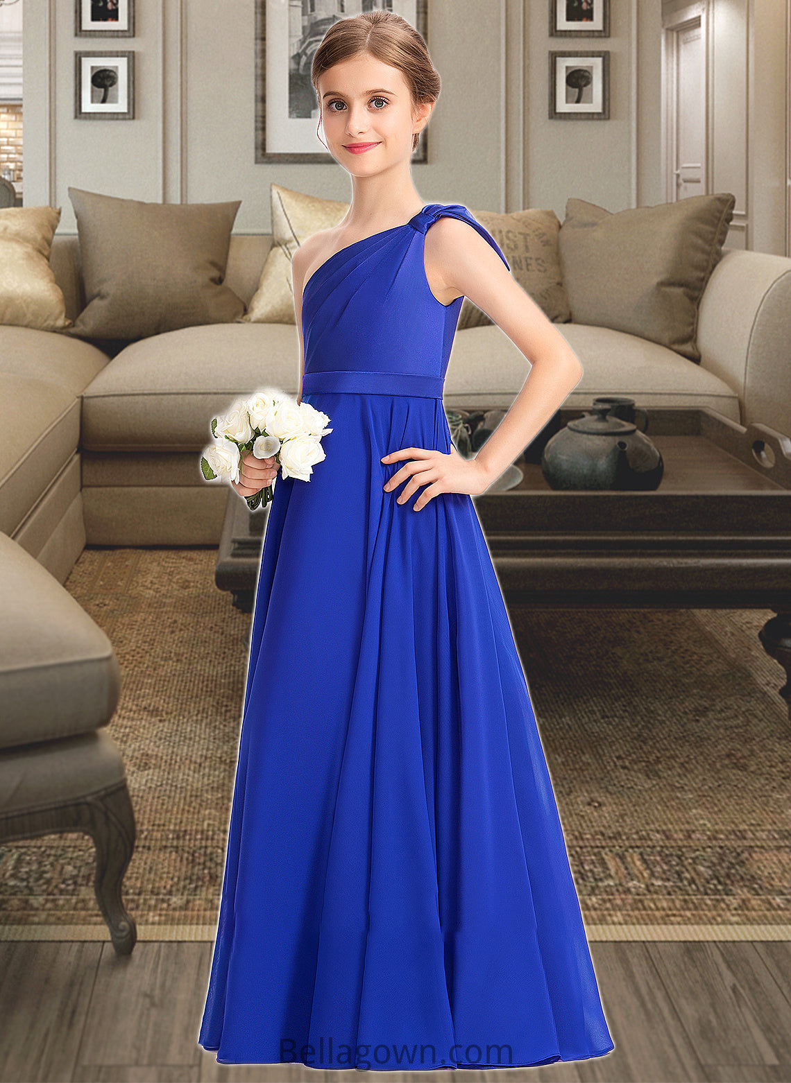 Liberty A-Line One-Shoulder Floor-Length Chiffon Charmeuse Junior Bridesmaid Dress With Ruffle DNP0013347