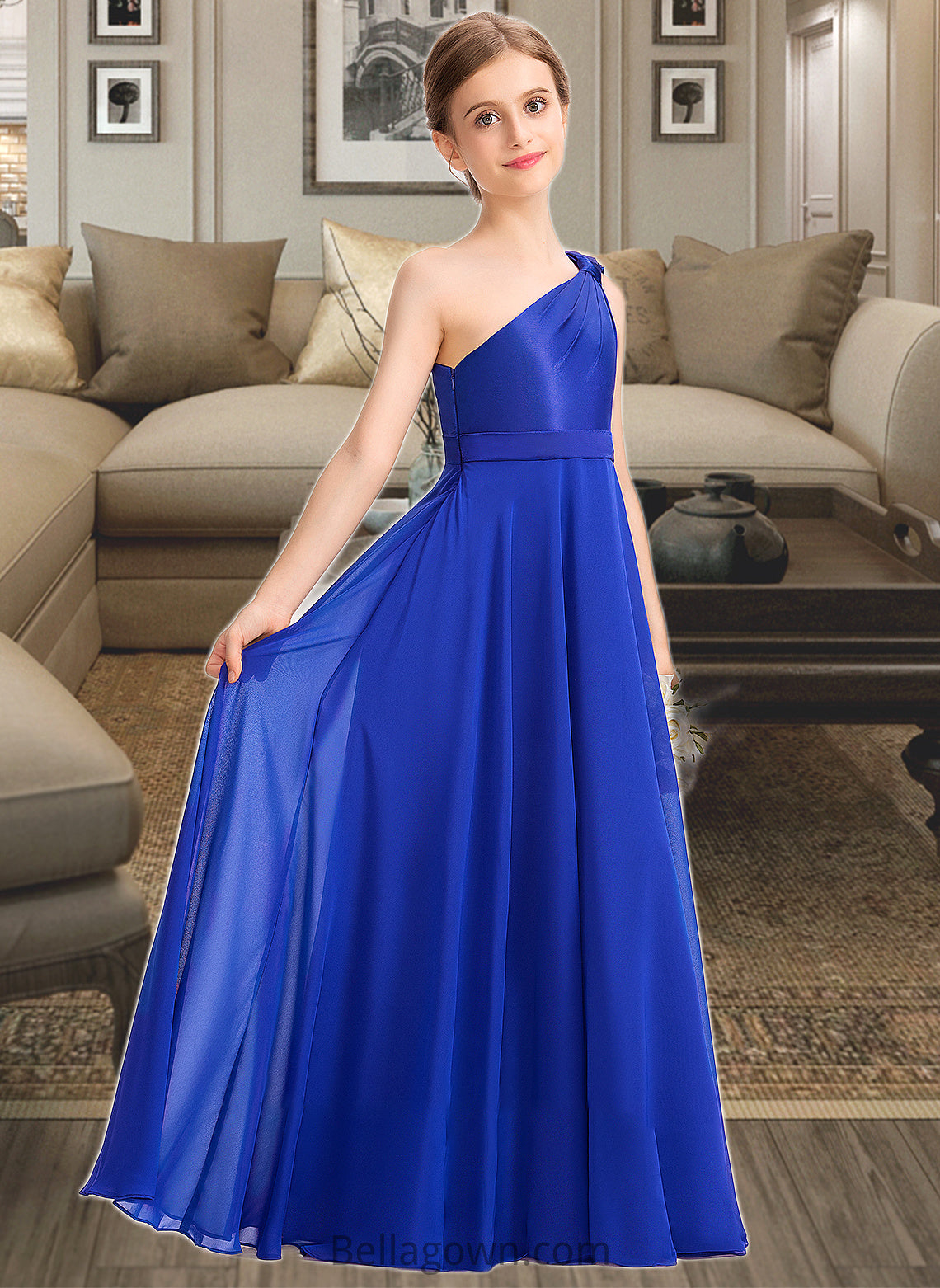 Liberty A-Line One-Shoulder Floor-Length Chiffon Charmeuse Junior Bridesmaid Dress With Ruffle DNP0013347