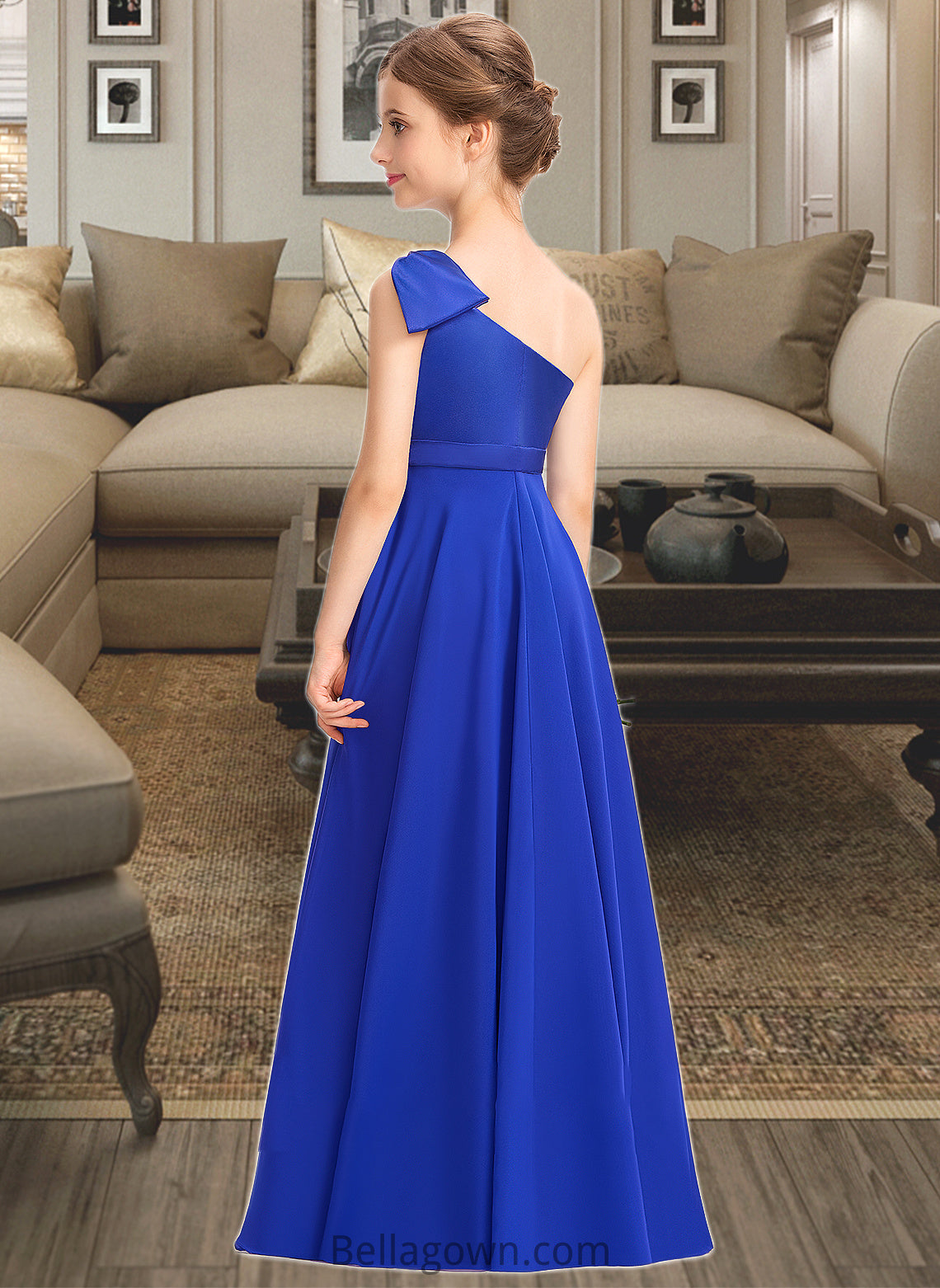 Liberty A-Line One-Shoulder Floor-Length Chiffon Charmeuse Junior Bridesmaid Dress With Ruffle DNP0013347