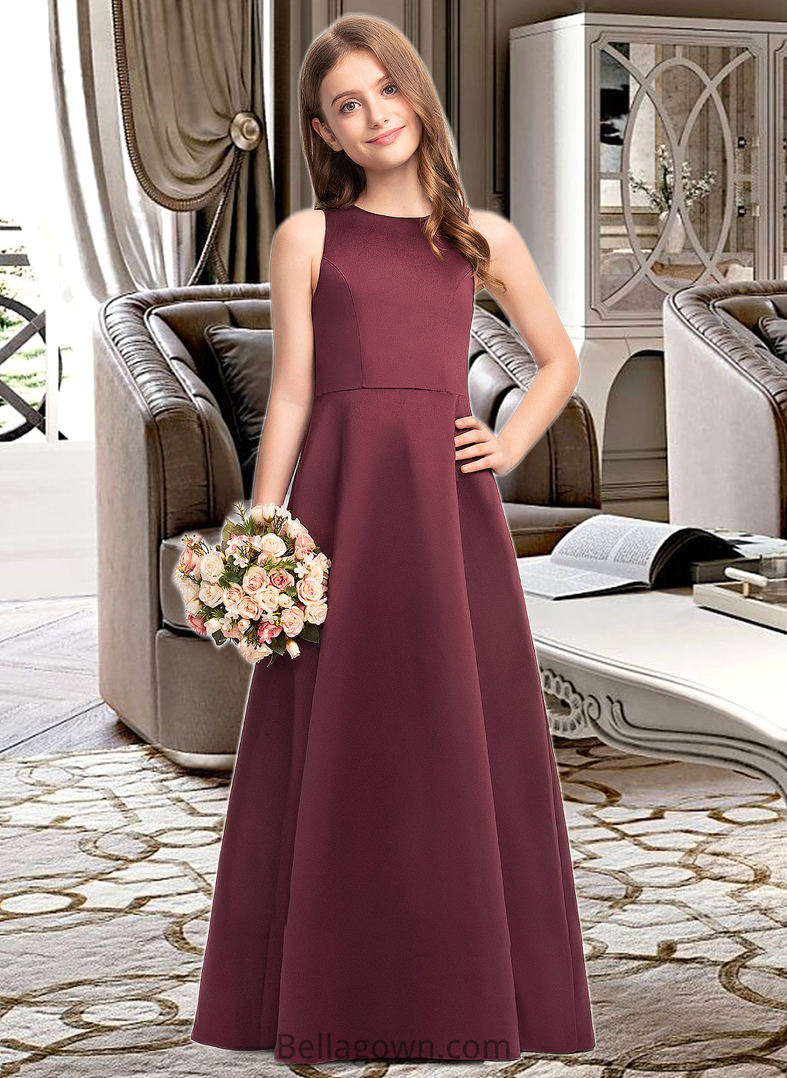 Chasity A-Line Scoop Neck Floor-Length Satin Junior Bridesmaid Dress DNP0013348