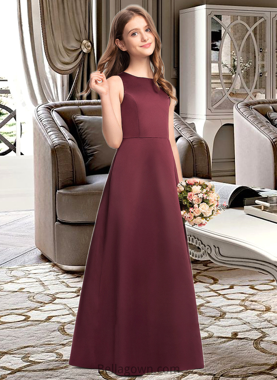 Chasity A-Line Scoop Neck Floor-Length Satin Junior Bridesmaid Dress DNP0013348