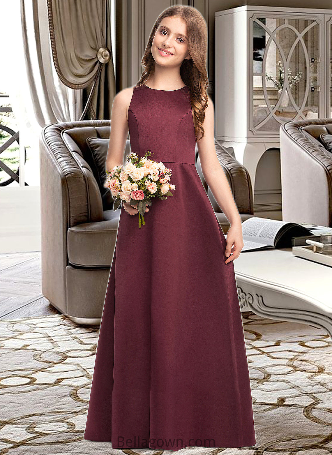 Chasity A-Line Scoop Neck Floor-Length Satin Junior Bridesmaid Dress DNP0013348