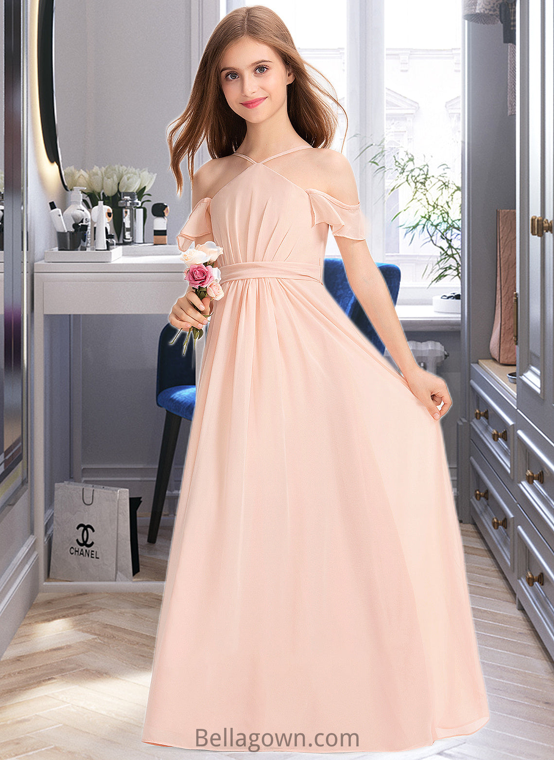 Jazmyn A-Line V-neck Floor-Length Chiffon Junior Bridesmaid Dress With Ruffle Bow(s) DNP0013349