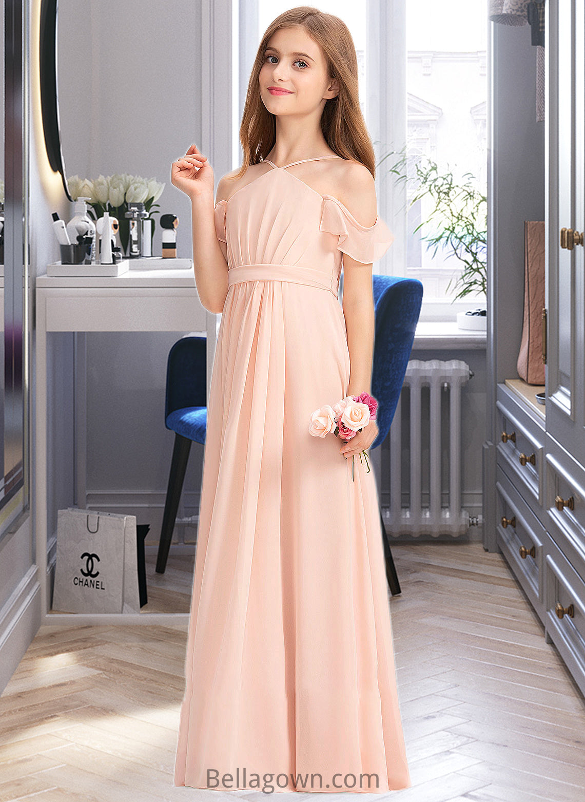 Jazmyn A-Line V-neck Floor-Length Chiffon Junior Bridesmaid Dress With Ruffle Bow(s) DNP0013349