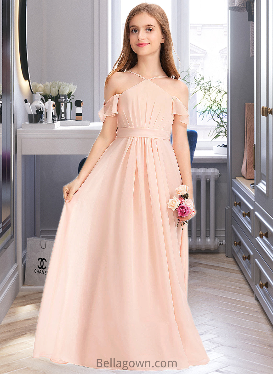 Jazmyn A-Line V-neck Floor-Length Chiffon Junior Bridesmaid Dress With Ruffle Bow(s) DNP0013349