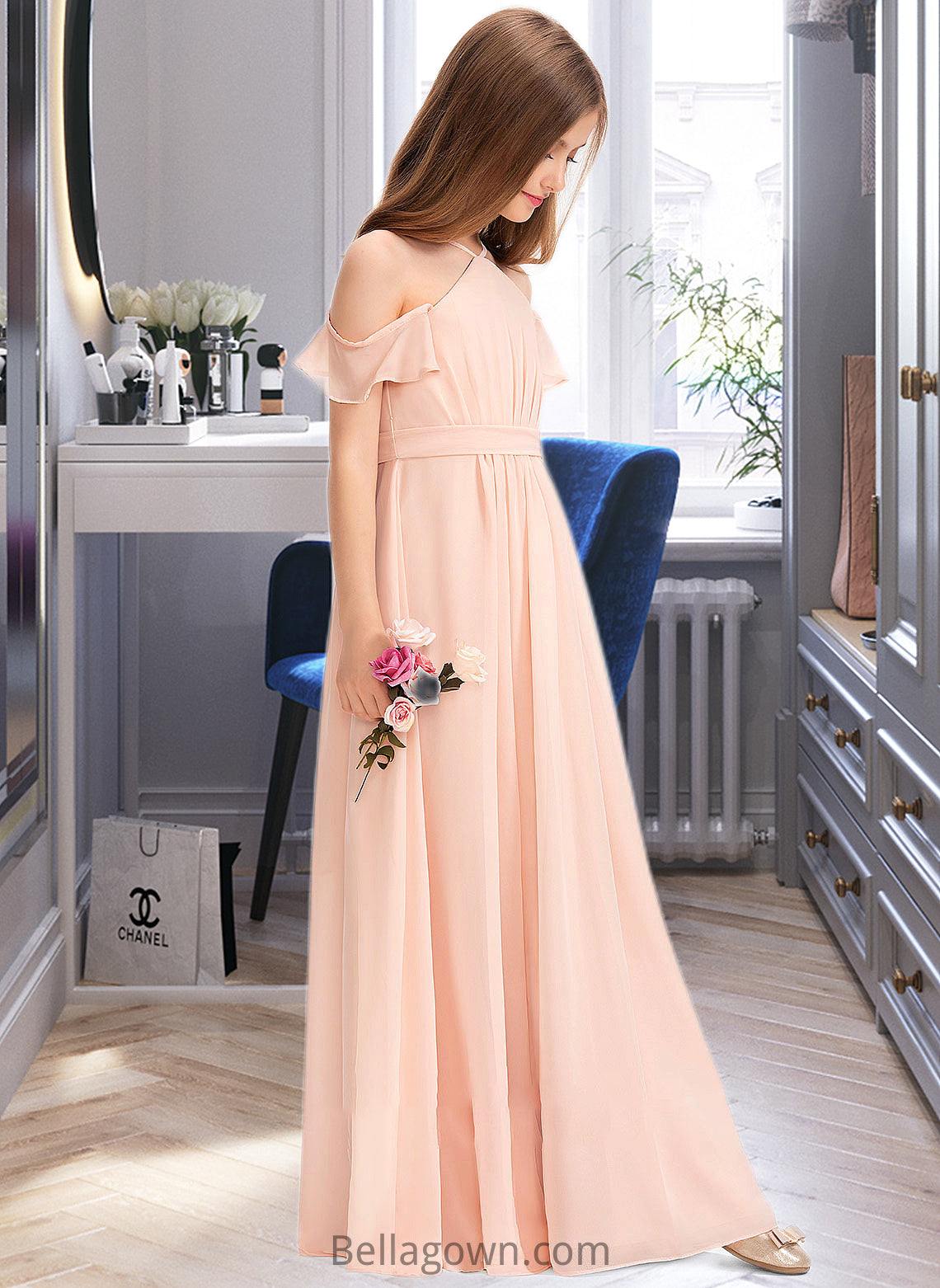 Jazmyn A-Line V-neck Floor-Length Chiffon Junior Bridesmaid Dress With Ruffle Bow(s) DNP0013349