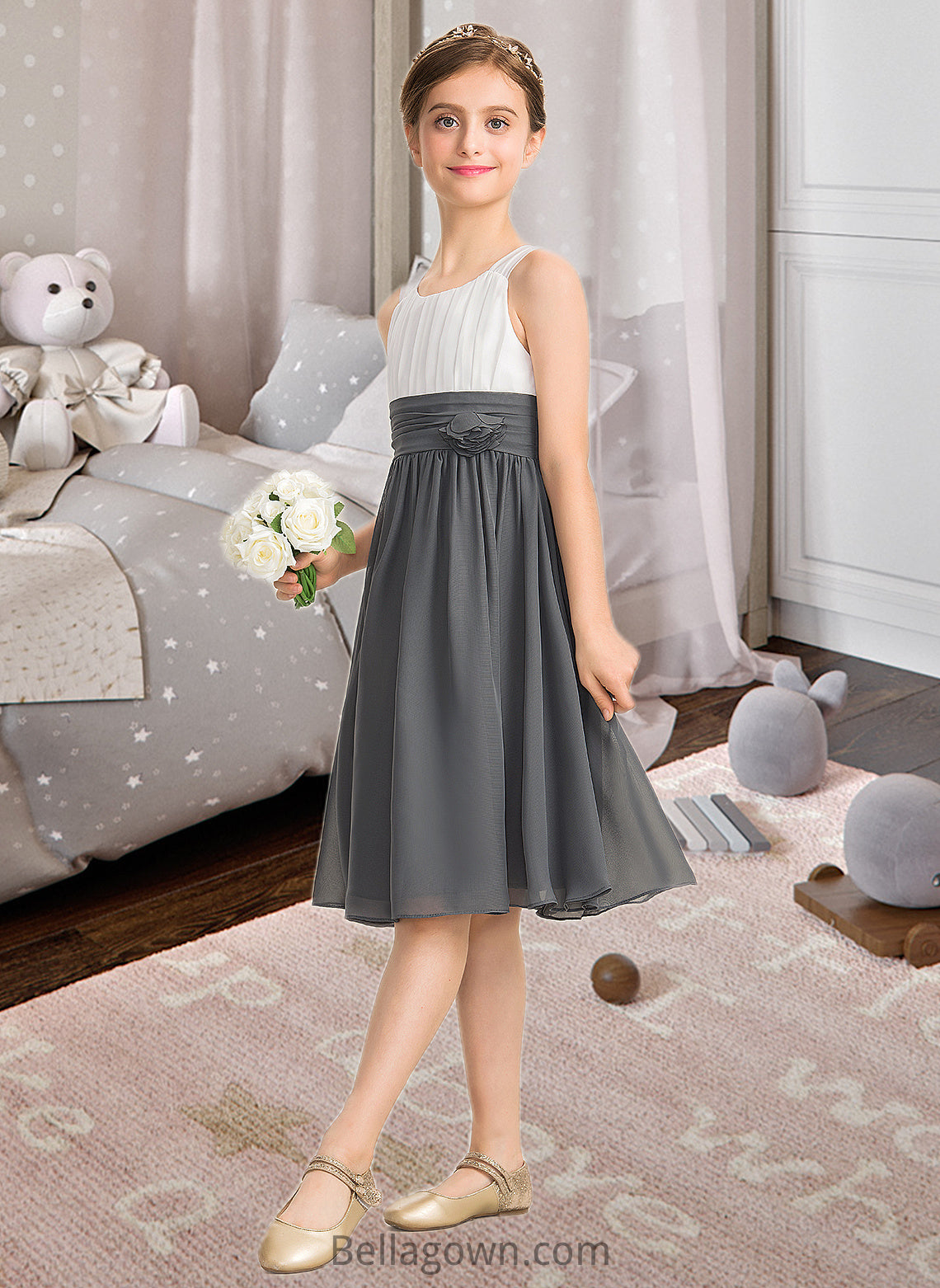 Ayanna A-Line Scoop Neck Knee-Length Chiffon Junior Bridesmaid Dress With Ruffle Flower(s) DNP0013350