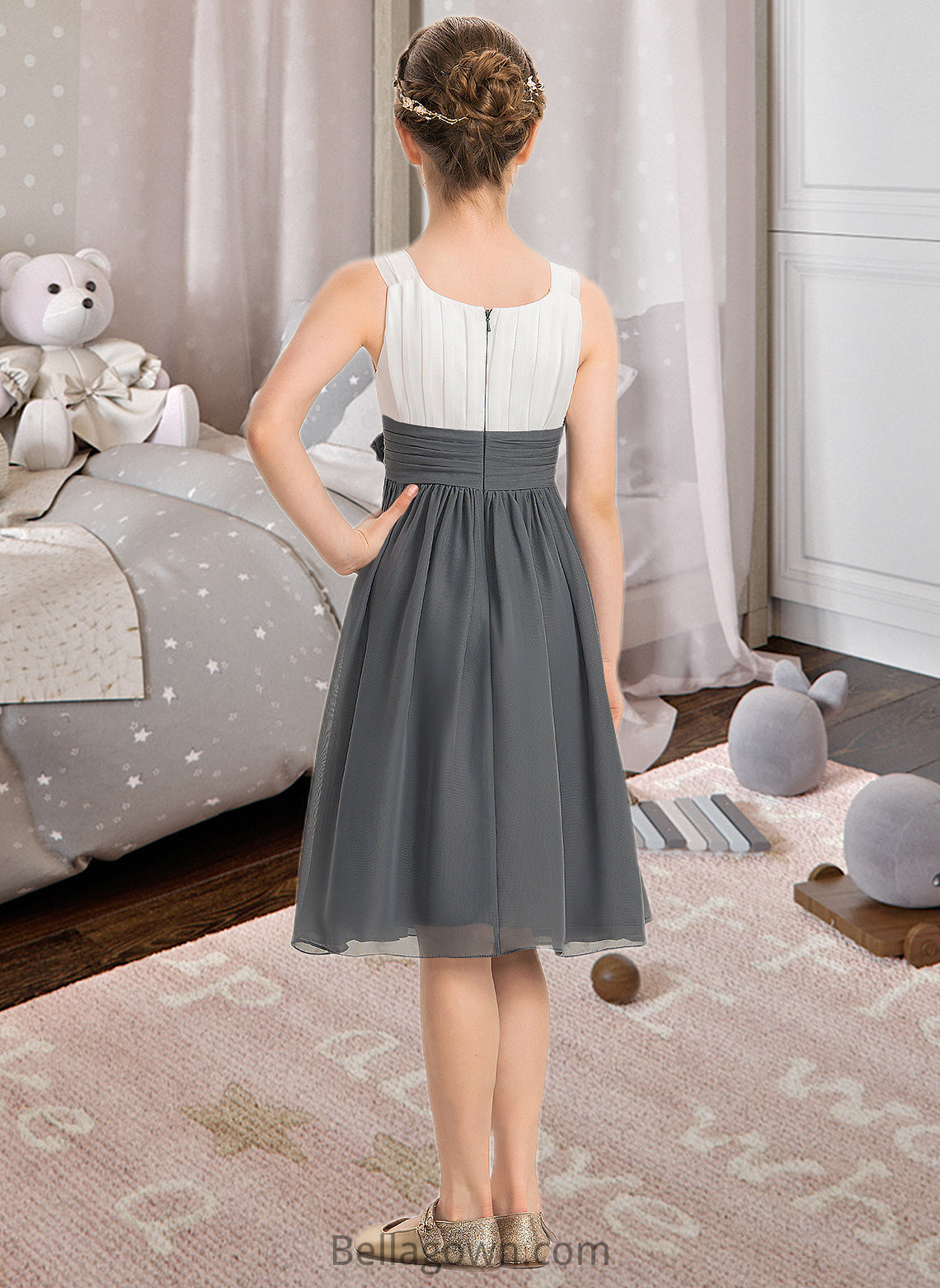 Ayanna A-Line Scoop Neck Knee-Length Chiffon Junior Bridesmaid Dress With Ruffle Flower(s) DNP0013350