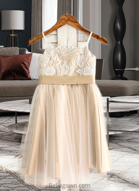 Patti A-Line Square Neckline Knee-Length Tulle Junior Bridesmaid Dress With Sash Bow(s) DNP0013351