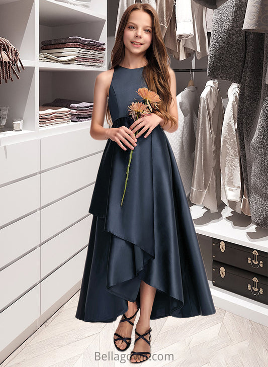 Paula A-Line Scoop Neck Asymmetrical Satin Junior Bridesmaid Dress With Cascading Ruffles DNP0013352