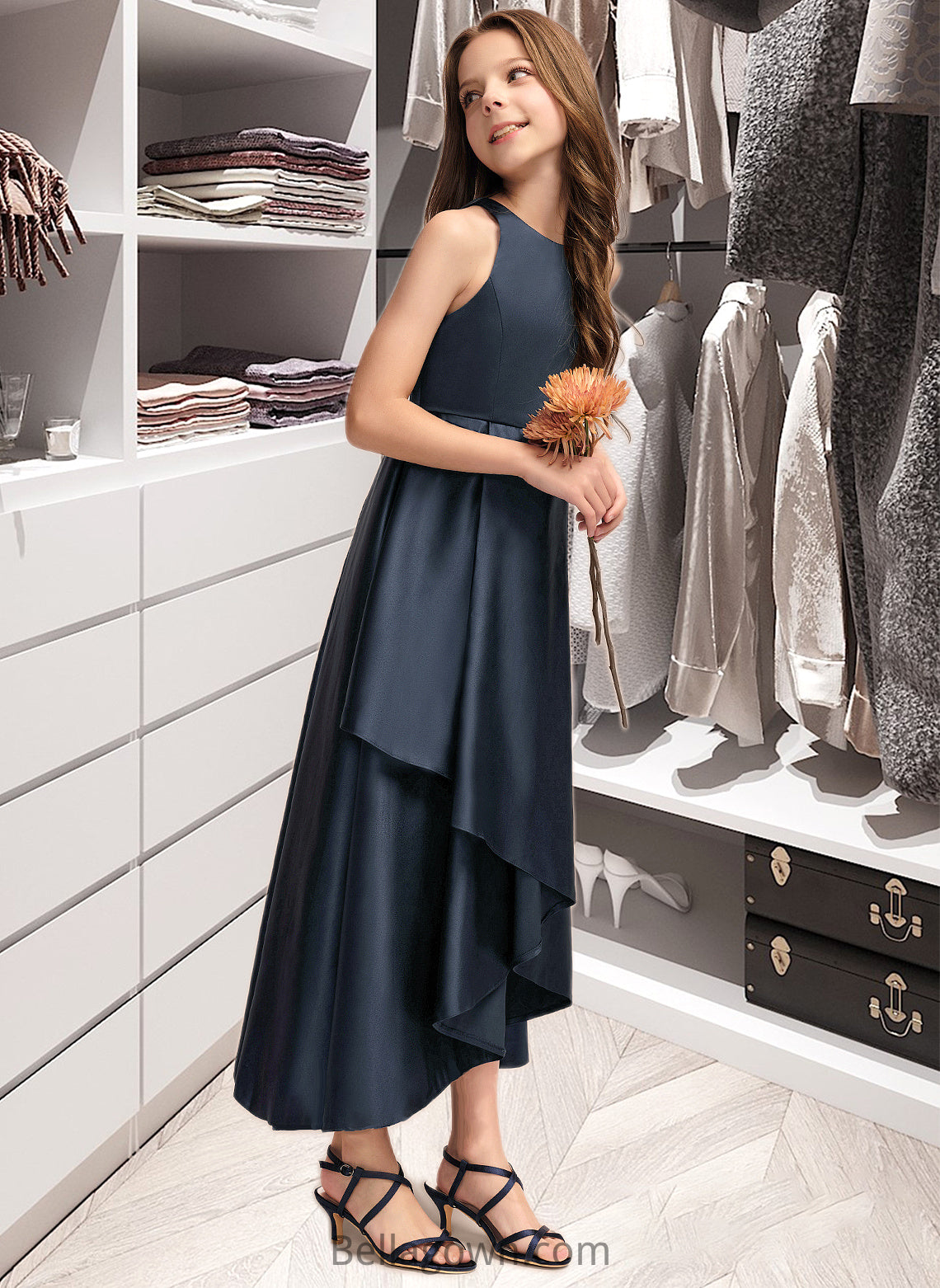 Paula A-Line Scoop Neck Asymmetrical Satin Junior Bridesmaid Dress With Cascading Ruffles DNP0013352